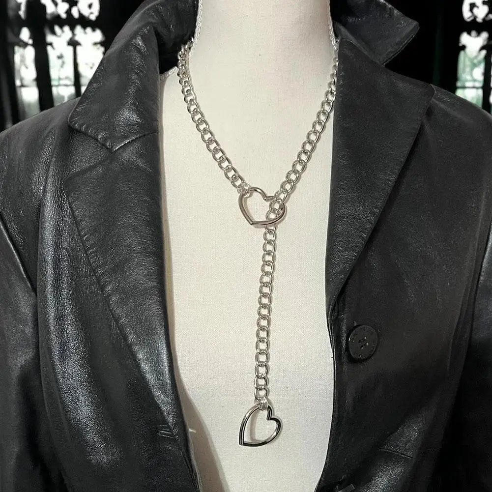 Heart O-ring Slip Chain For Women Punk Rock Necklace Stainless Steel Cuban Long Necklace Adjustable Lariat Y-Necklace Neck Chain