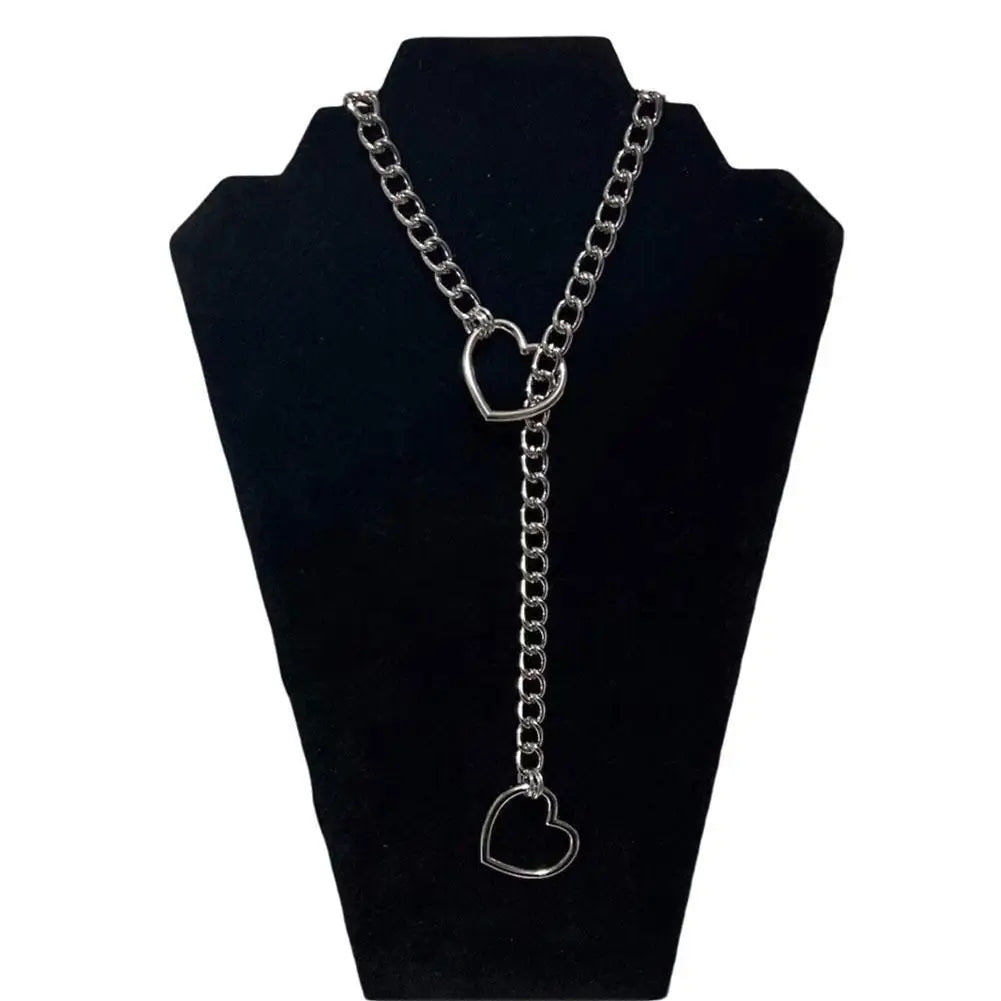 Heart O-ring Slip Chain For Women Punk Rock Necklace Stainless Steel Cuban Long Necklace Adjustable Lariat Y-Necklace Neck Chain