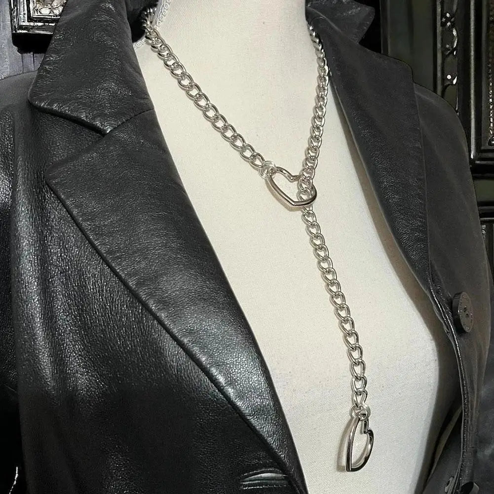 Heart O-ring Slip Chain For Women Punk Rock Necklace Stainless Steel Cuban Long Necklace Adjustable Lariat Y-Necklace Neck Chain