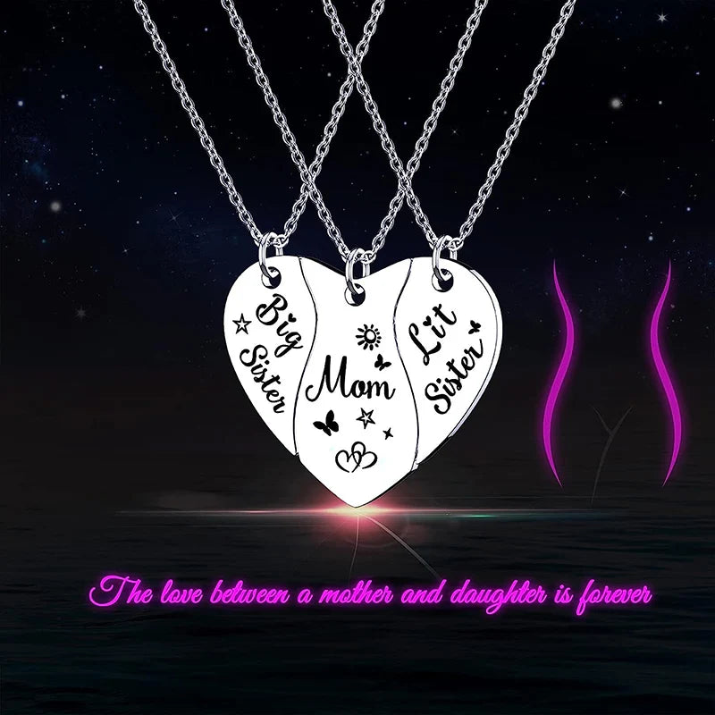 3 PCS Mom Big Sister Littler Sister Heart Matching Necklace Set Stainless Steel Mother Daughter Necklaces Jewelry Gifts